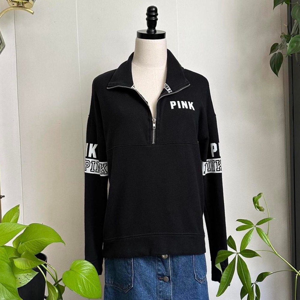 Victorias Secret PINK Womens Black Quarter Zip Logo Sweatshirt XS